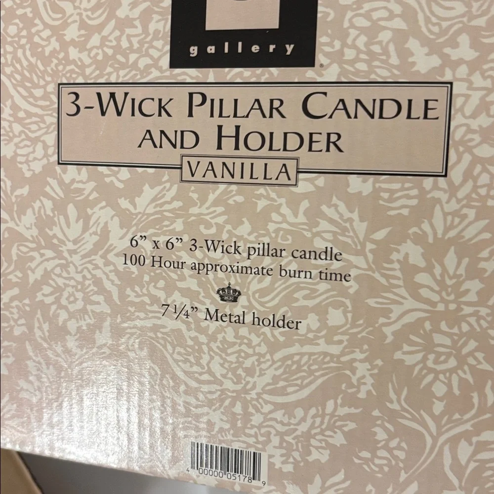 Vanilla 3-Wick Pillar Candle with Holder NIB